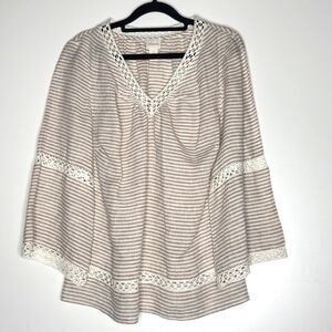 Chico's Stripe Linen Popover Lattice Blouse Women's Size Small (Chico's 0)
